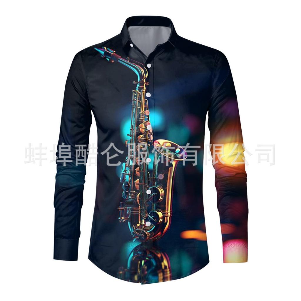 Stylish Long Sleeve Shirt with Saxophone Print, Ideal for Music Lovers