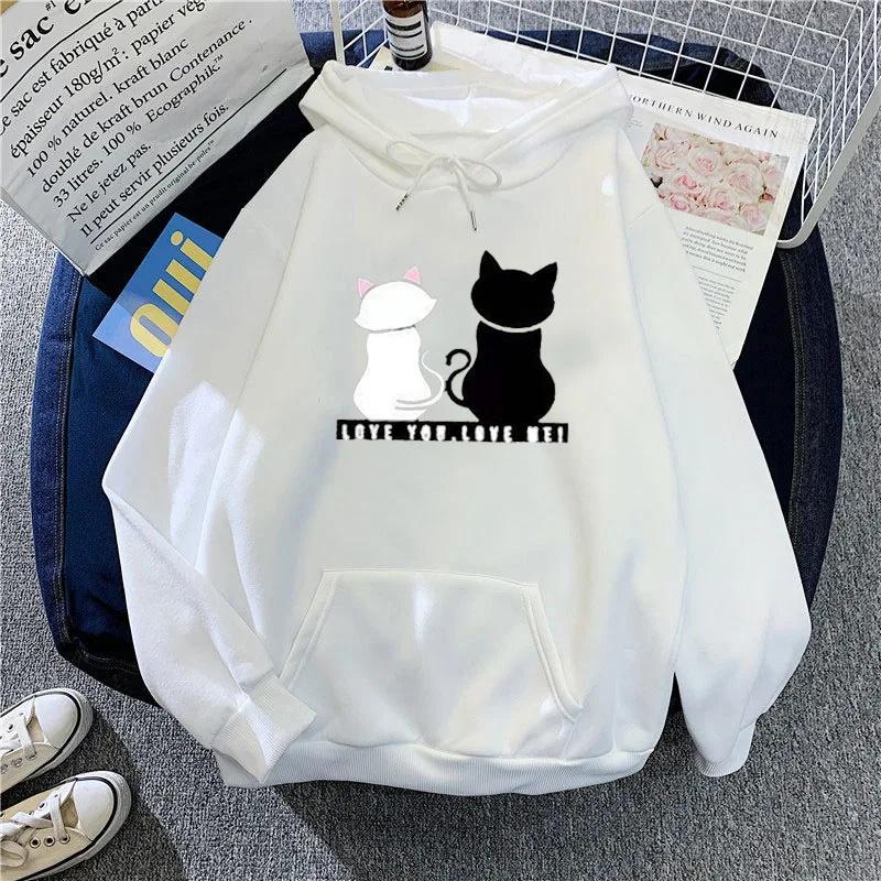 Women's Fleece Lined Hoodie Casual Cartoon Cat Print Oversize Loose Fit Autumn Winter Top Fashion Comfortable Streetwear