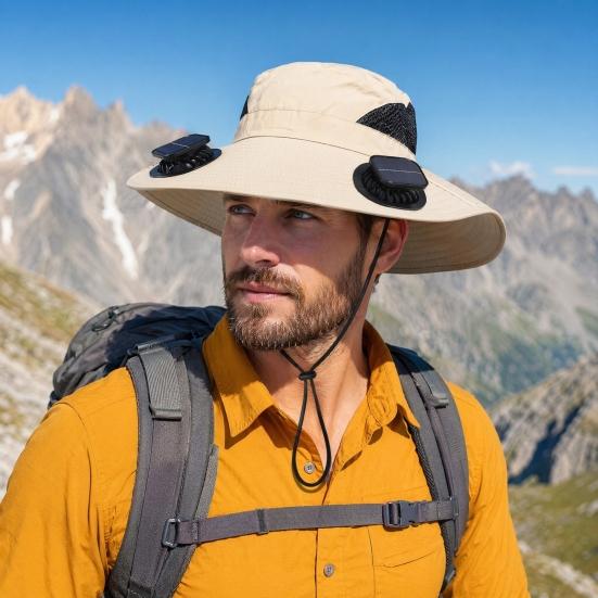 Cappello a Ventilatore Solare, Cappello da Sole a Tesa Larga UPF 50+ con 2 Ventole, Ricaricabile Solare e USB, 3 Velocità per Pesca/Campeggio/Escursionismo/Giardinaggio