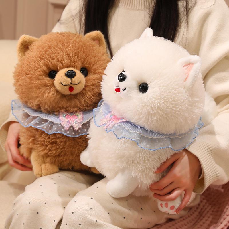 Cute Pomeranian Plush Toy Simulation Puppy Doll Children Soothing Doll Girl Heart Lace Scarf Doll