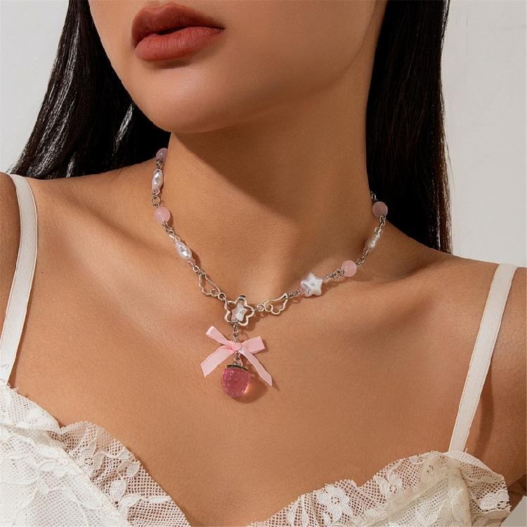 Stylish Strawberry Heart Necklace with Bowknot Accent Portable for Trendy Women Girls Sweet Fashion Statement Pieces