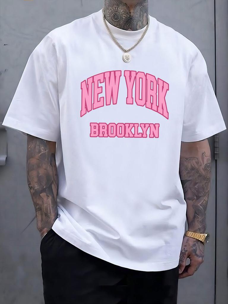 New York Brooklyn Retro Pink Letter Print Unisexs Crew Neck Short Sleeve Casual Basic Summer Daily Soft Comfort Fit Wear Tee Shirt