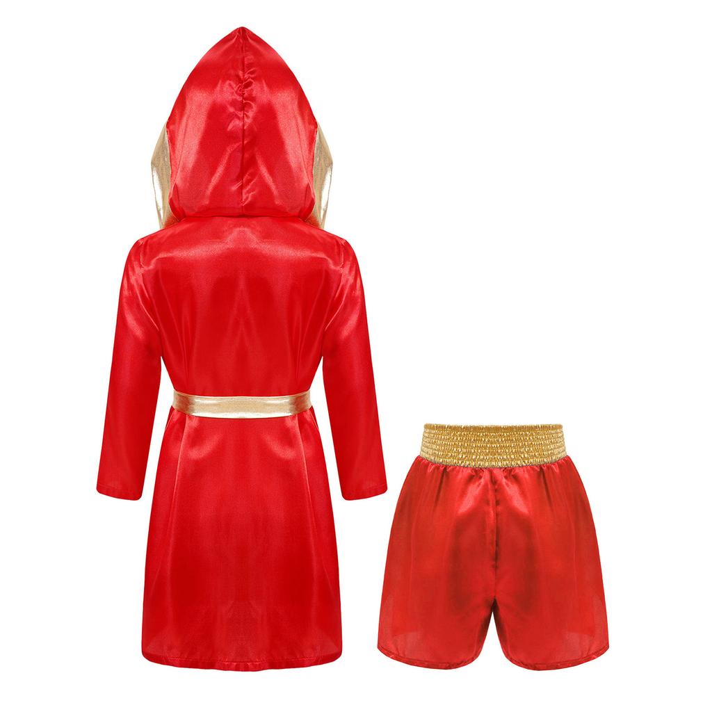 Conjunto de Fantasia de Boxe Infantil Robe de Cetim com Capuz e Cinto & Shorts de Paetês Acabamento Metálico Estampa de Letras