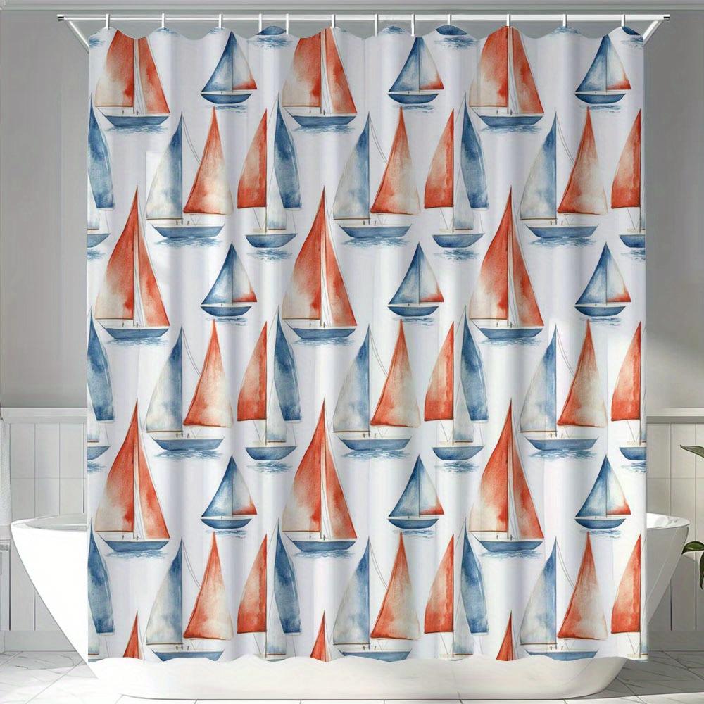 

1 Modern Nautical Shower Curtain - Polyester Fabric, White with Red Sailboat and Blue Water Stripes, Machine Washable 90X180cm