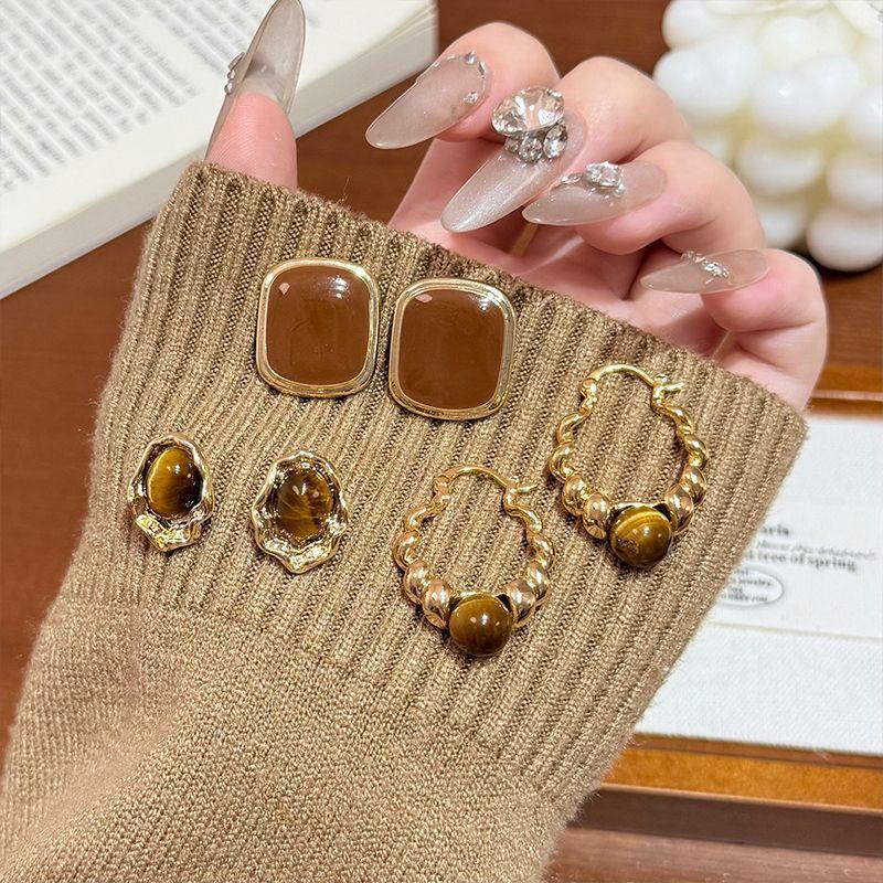 Maillard Style Amber Circle Earrings Women's Autumn and Winter Atmosphere with Earrings Light Luxury High Sense Exquisite Stud Earrings