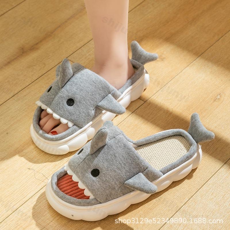 Fashion Women's Linen Slippers Shark Autumn Winter 2025 Cartoon Slippers Closed Toe Non Slip Women Indoor Bedroom Comfort House Slippers
