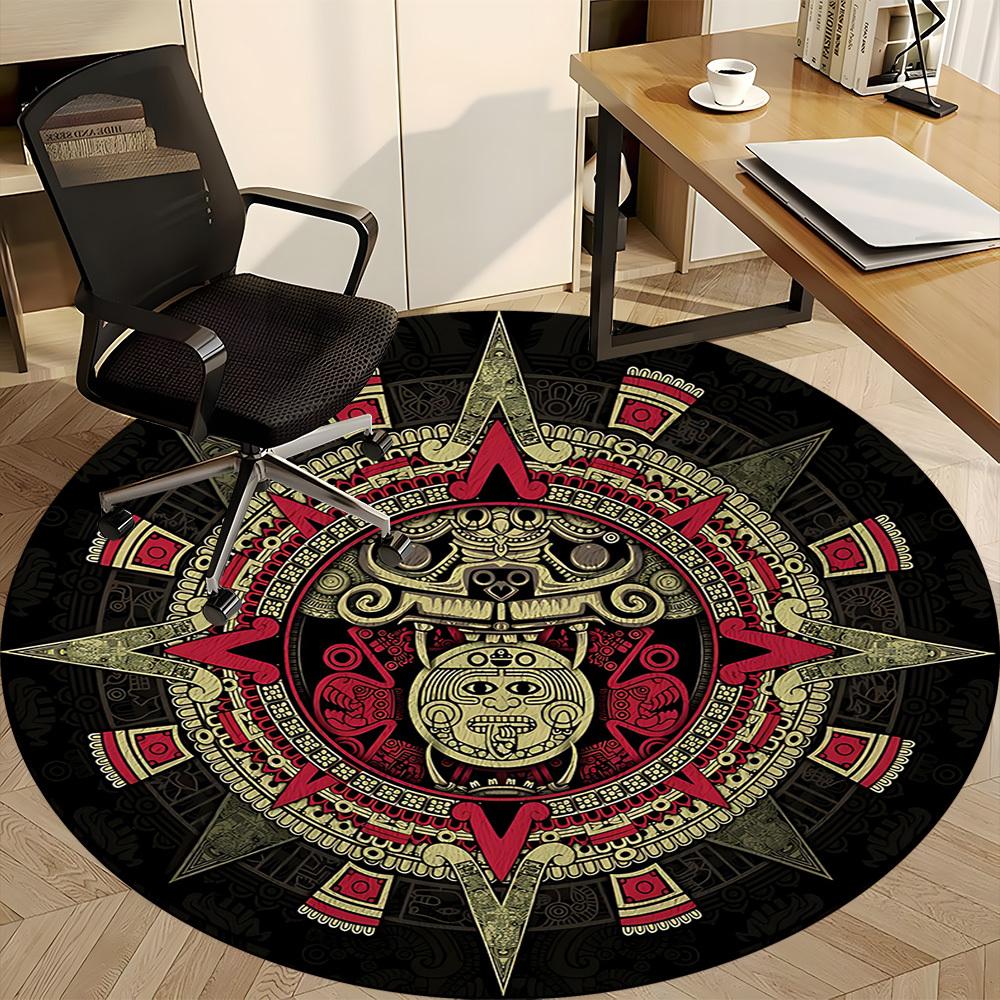 1PC Mayan Calendar Aztec Sun Office Round Area Rug, Mat Suitable For Office, Under Office Chairs Bedroom Living Room Home Decor, Room Deco
