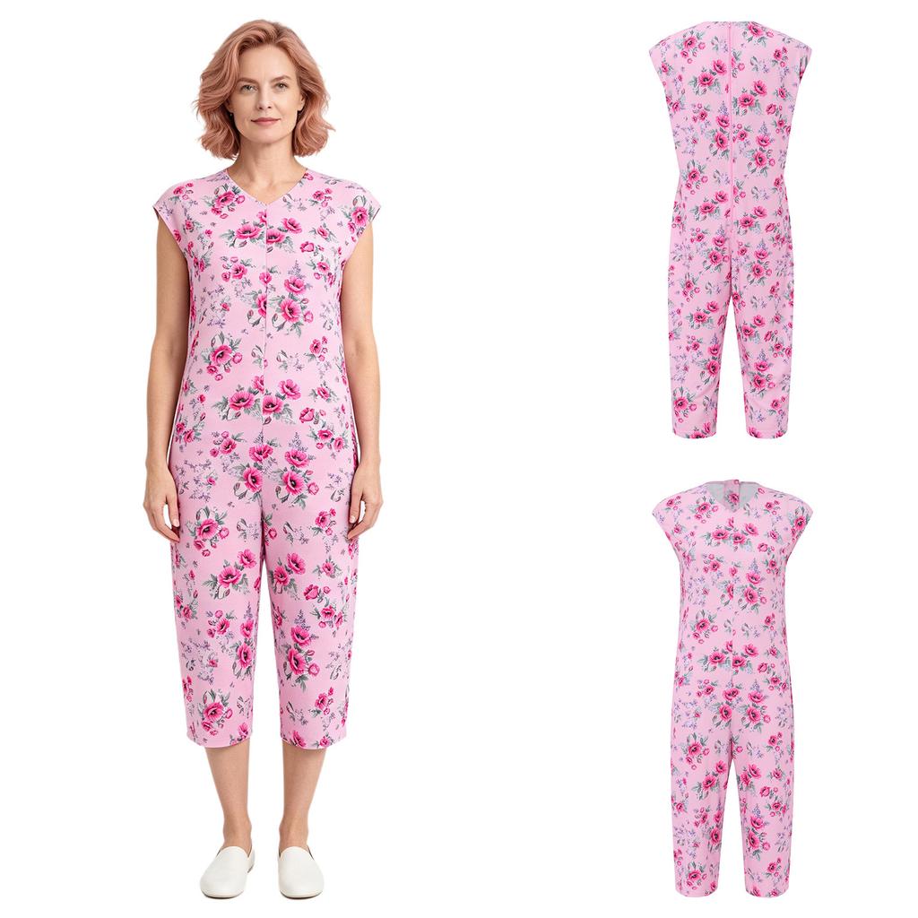 V-Neck Sleeveless Back Zipper Print Bodysuit for Women Special Needs Nursing Hospital Pyjamas Jumpsuit