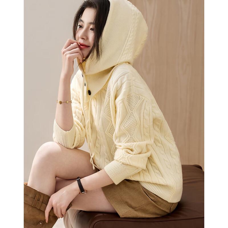 Demana Women s Detachable Hood Round Neck Cable Knit Sweater S
