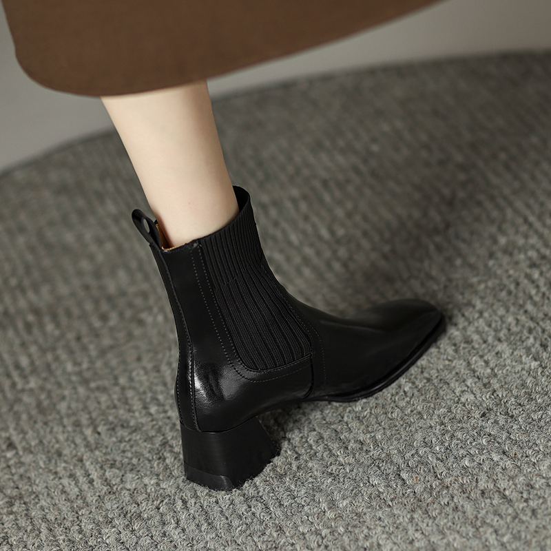 Krazing Pot Cow Skin Autumn Winter Shoes Thick Med Heels Size 43 Western Boots Slip on Stretch Knitwear Ankle Boots