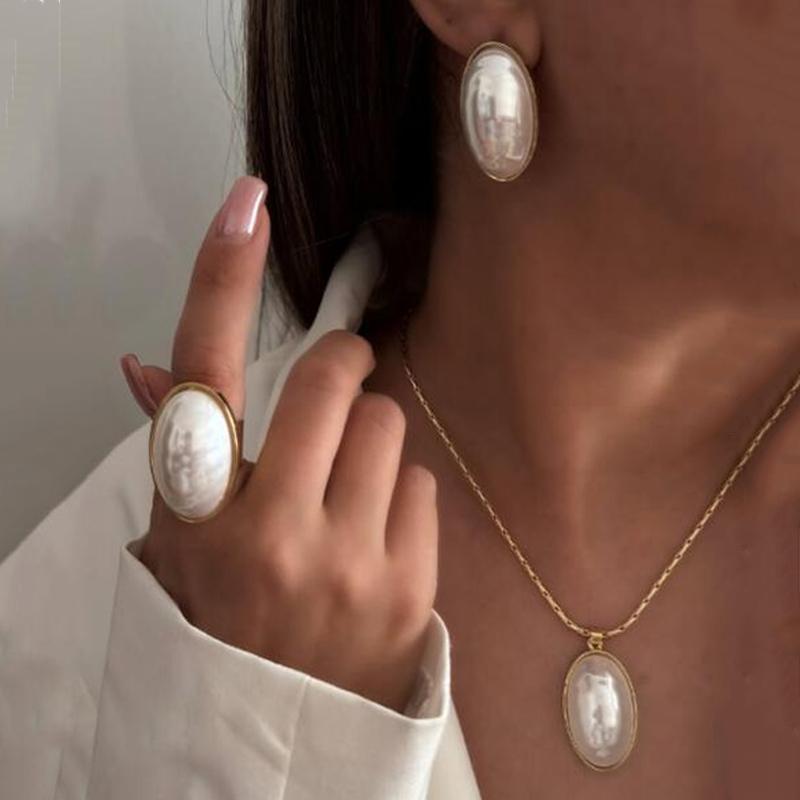 4pcs  Fashion Elegant Elipse Necklace Ring Earrings Jewelry Set For Women French Style Romantic Gifts