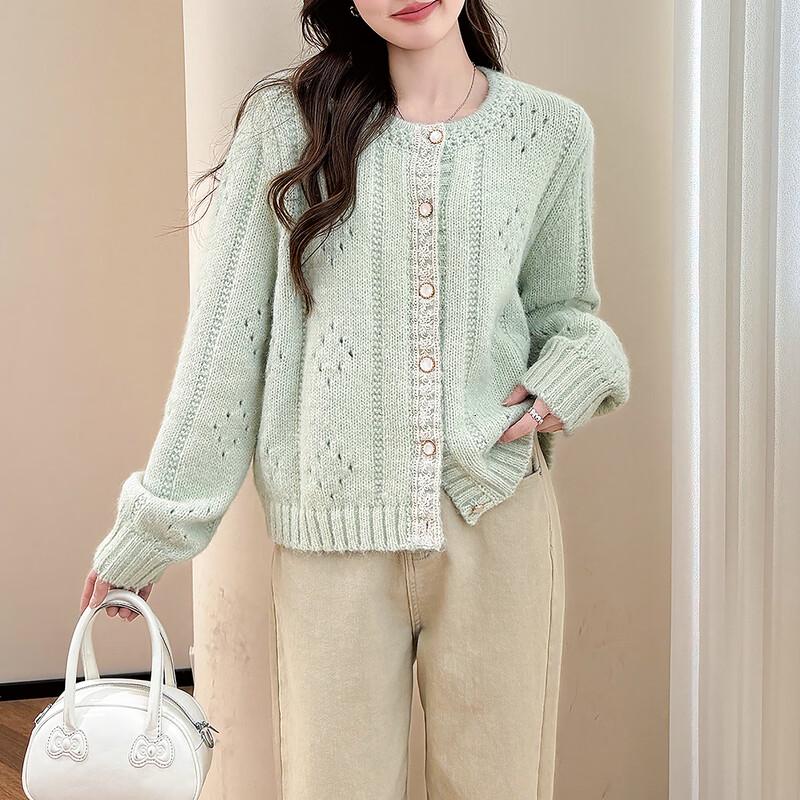 TonLion Women's Lace Detail Round Neck Cardigan