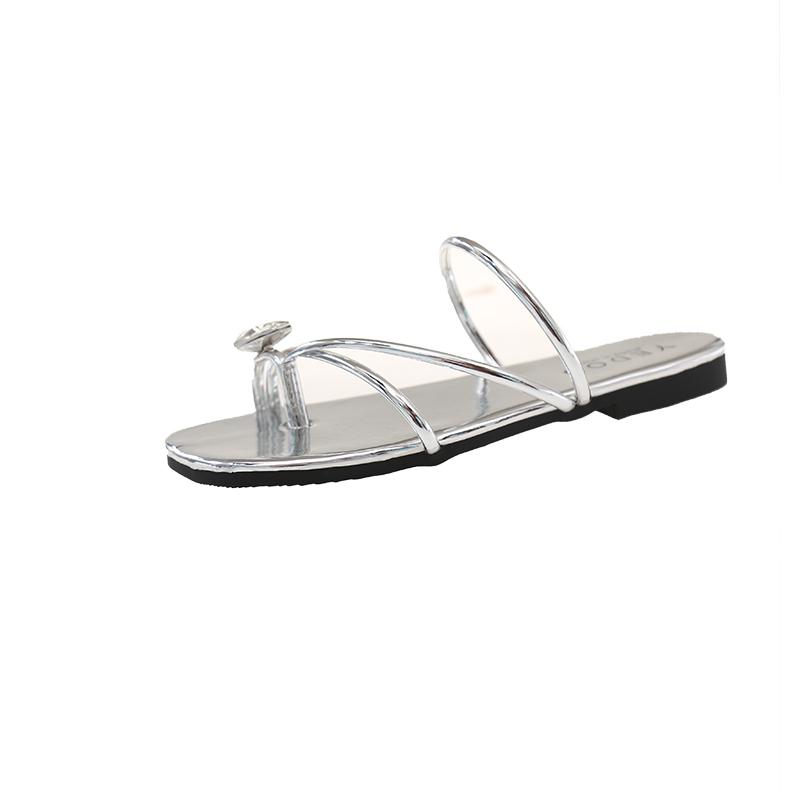 Toe-clip Slippers for Women in Summer 2025 New Square Toe Clip-toe Rhinestone Flat Toe Cover Soft Sole Cool Mop