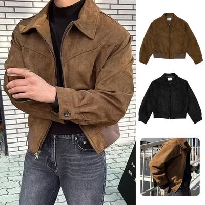 Männer Kurze Jacke Revers Langarm Reißverschluss Einfarbig Design Mantel mit