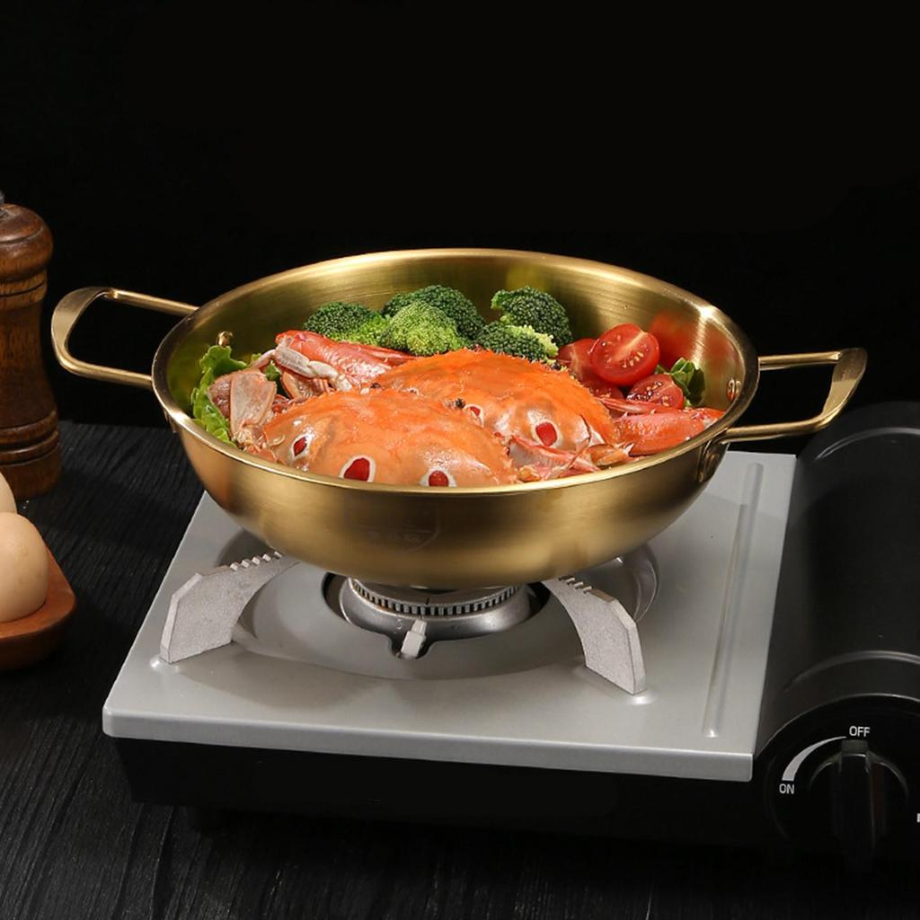 Pentola per noodles istantanei in acciaio inossidabile, piccola pentola per una persona, pentola asciutta a fondo piatto con doppia spiga dorata, pentola per zuppa di pesce a gas per uso domestico