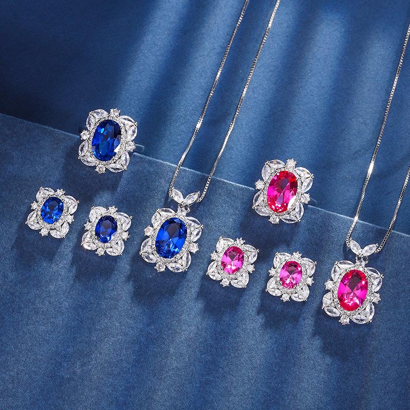 Jewelry Copper Bottom Gold Plated Jewelry Set Simulation Color Treasure Corundum Temperament Set Female Main Stone 8 * 12-6 * 8