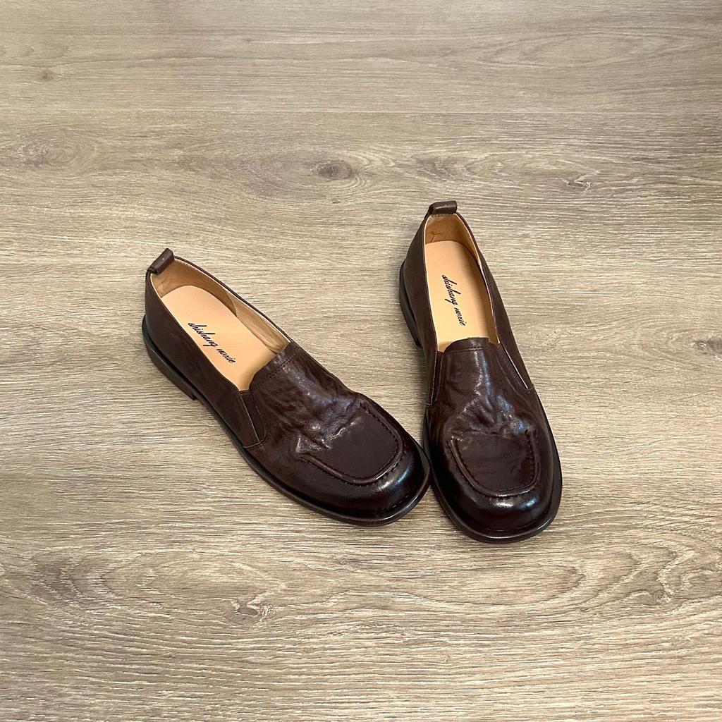 Giant soft first layer cowhide retro loafers women's 2025 spring single shoes genuine leather thick heel one pedal small leather shoes Doudou shoes