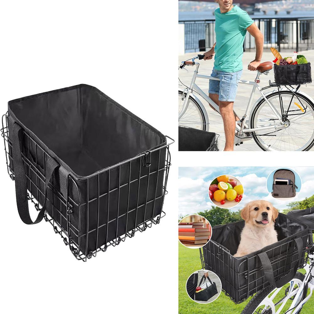 Zadní košík na kolo, Skládací kovový košík na kolo, Košík na zadní nosič s vyjímatelnou vnitřní taškou a reflexním proužkem pro dojíždění, nákupy, piknik