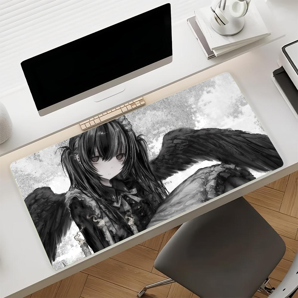 Large Gaming Mouse Pad Antislip Base Stitched Edges Gothic Black Angel Anime Girl Print Keyboard Pad for Gamer Home Office