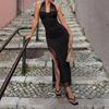 Y2K Spice Girl Temperament Elegant Slim Lace Splicing Split Evening Dress Long Dress Two Wear Neck Halter Dress