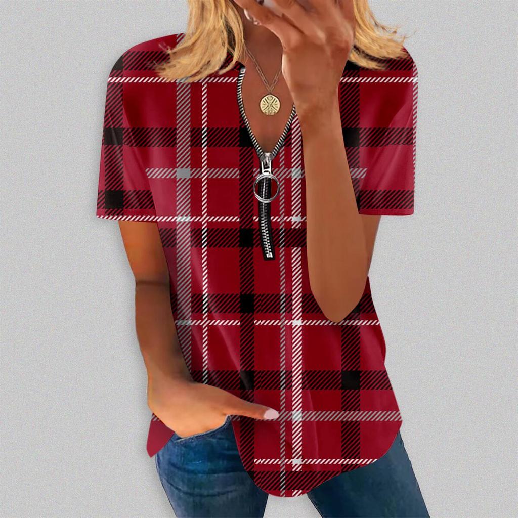 Women's Summer Temperament Palid Printed V-Neck Zip Short Sleeve T-shirt Top