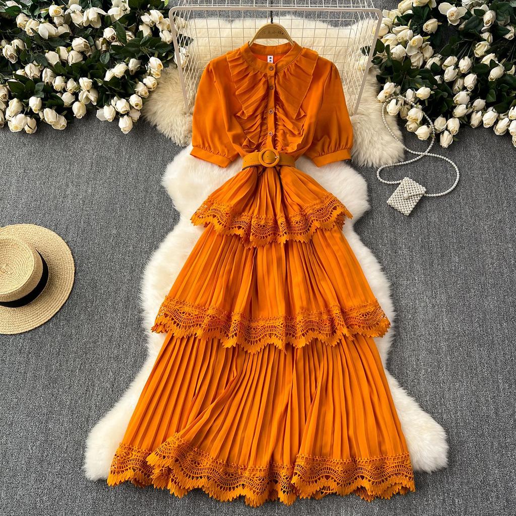Women's Waisted Bubble Sleeve Lace Patchwork Long Dresses