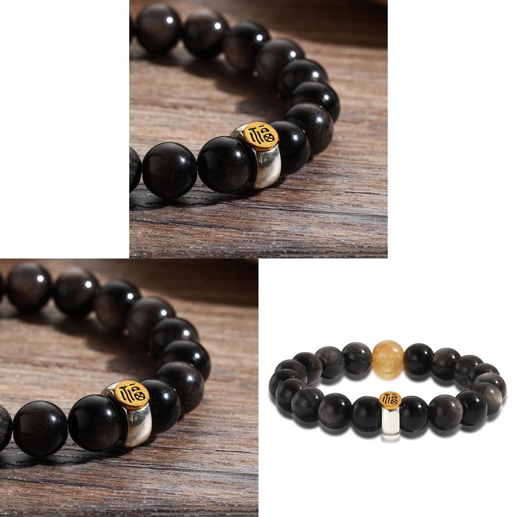 Geometric Black Obsidian Beaded Bracelet With Lucky Character For Men And Women Wear