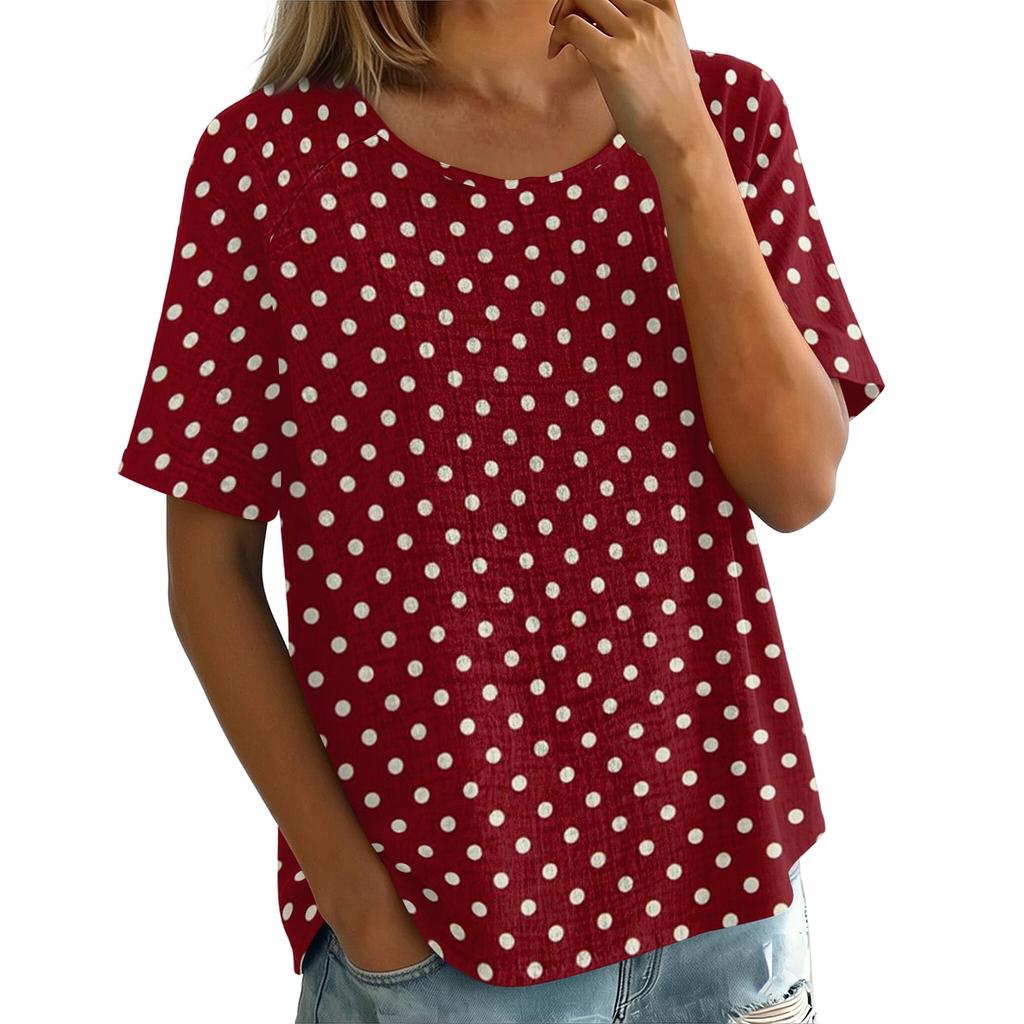 Women's Vintage Print Short Sleeve Top - Round Neck, Cotton Linen Fabric