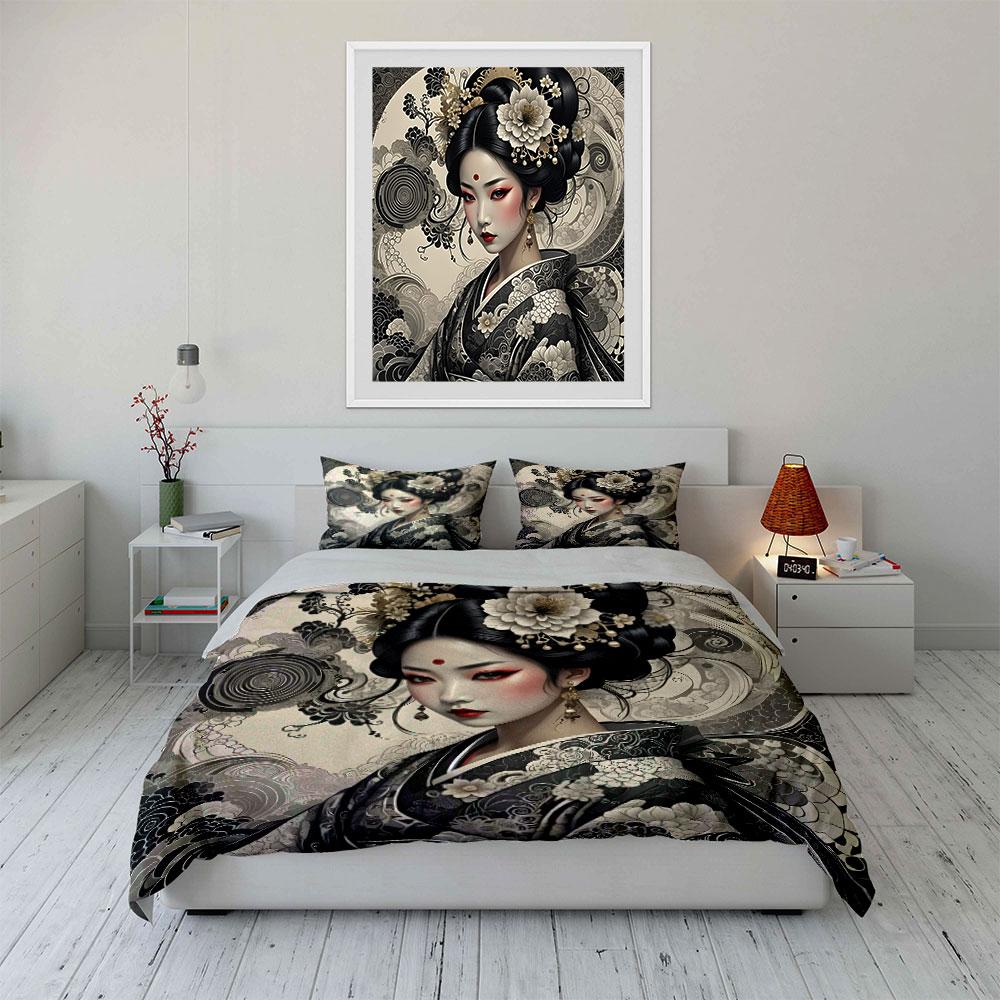 Set Decorazione Geisha Giapponese Tradizionale Morbido Confortevole Copripiumino Set Biancheria da Letto Incluso 1*Copripiumino & 2*Federe, Regalo