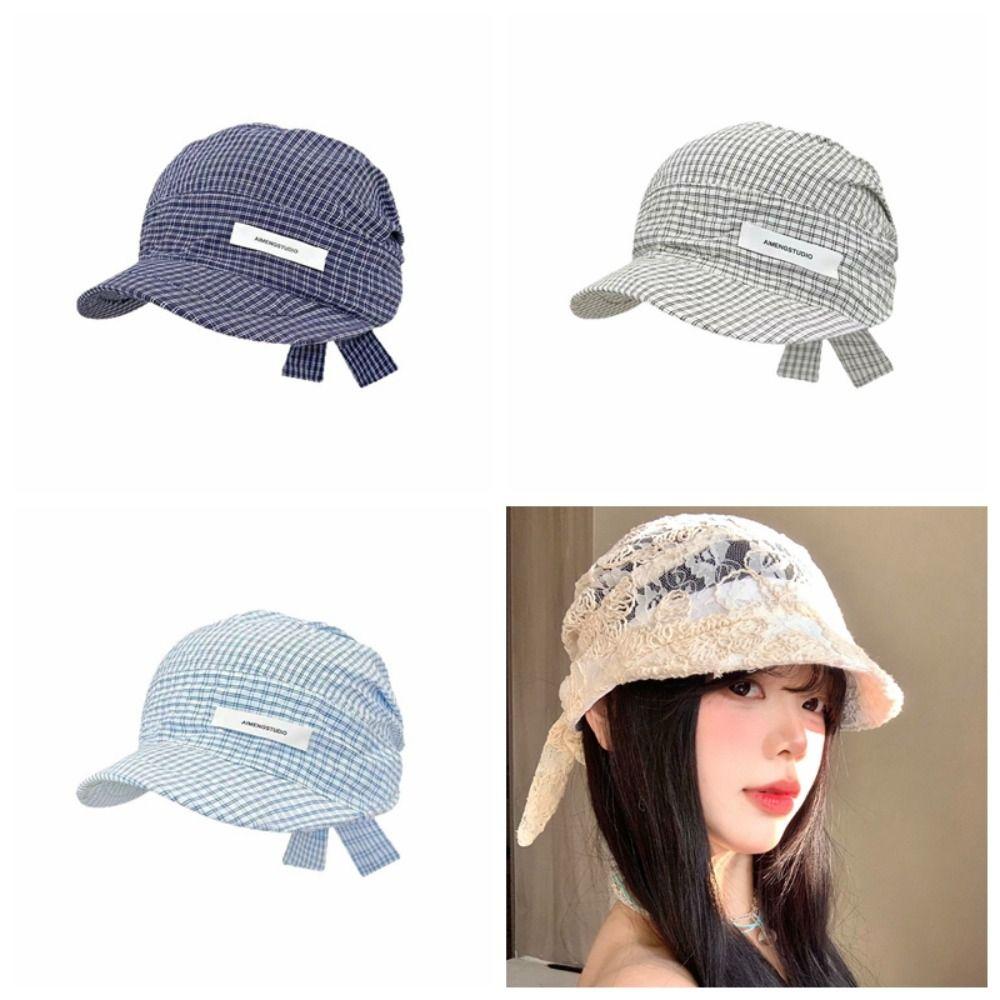 Plaid Headscarf Baseball Hat Lace Strappy Bandana Cap Casual Sunscreen Headscarf Hat  Summer