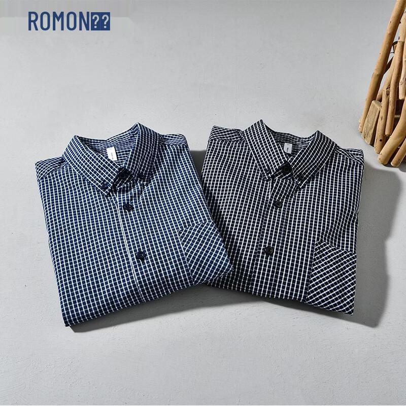 ROMON Men's Japanese Style Plaid Long-Sleeve Shirt