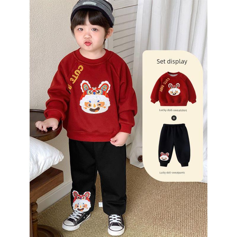 Baby Fleece-Lined Red Sweatshirt Winter Wear Thickened Festive New Year Boys' Top Children's New Year Greeting Clothes for Girls