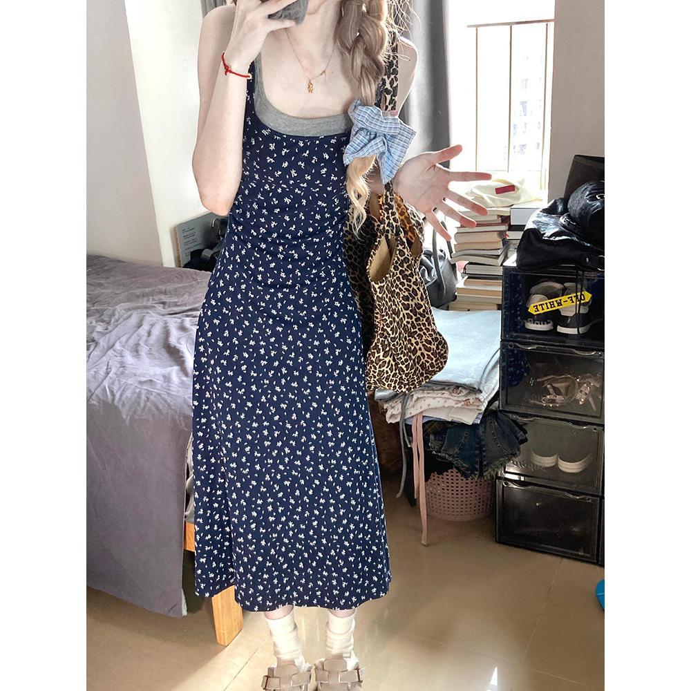 Fake two-piece floral suspender dress for children's summer leisure, new seaside vacation beach dress