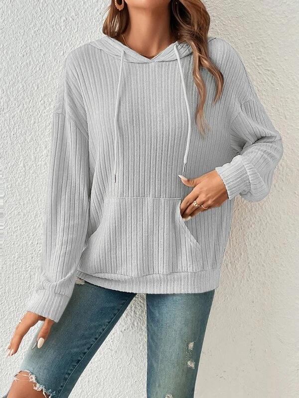 2025 Autumn Women's European American Knit Hooded Ribbed Kangaroo Pocket Hoodie
