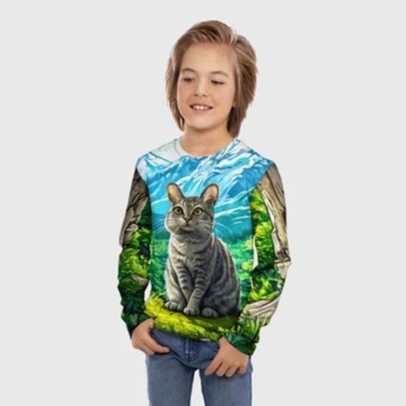 Children's Cartoon Fox Kitten Printed Animal T-shirt Boys Cute Long Sleeved Soft Comfortable Top