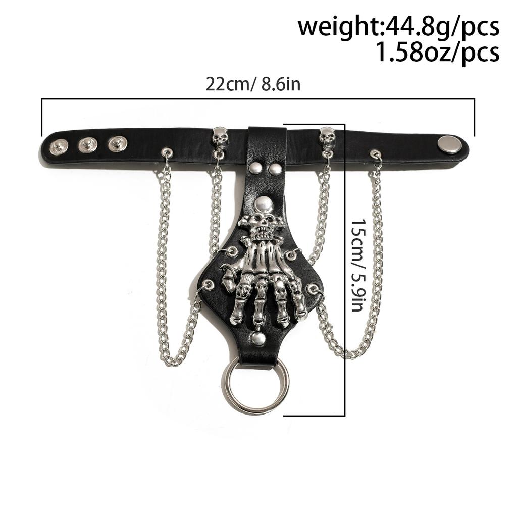 Goth Black PU Leather Skull Finger Wrist Chains Rings Bracelets Women Punk Hand Bangles Halloween Grunge Jewelry Steampunk Men
