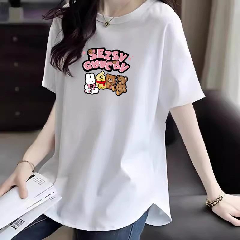 2025 Summer Women's Korean Style Loose White Cartoon Print Cotton T-Shirt