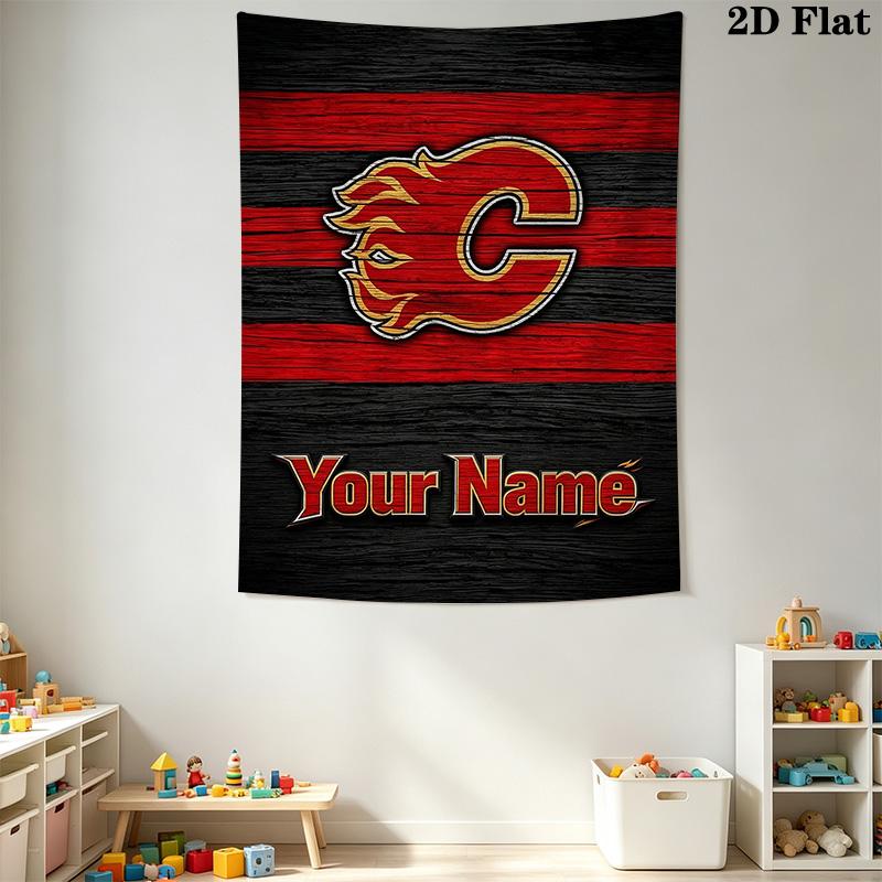 Name Custom Calgary Flames Logo Wall Tapestry Aesthetic Wall Hanging Printed Fabric Blanket Decorative Tapestries for Bedroom Living Room Home Decor