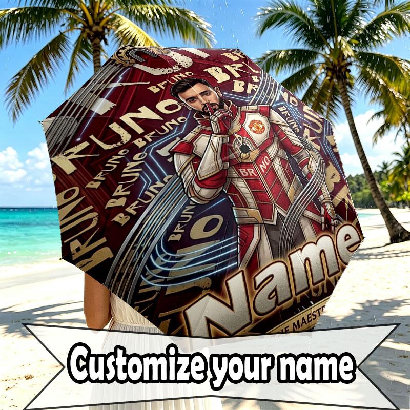 Custom Name Personalized Manchester United Print Umbrella, Auto Open Close, 8‑Rib Sturdy Frame, Commute Camping Hiking Use, Birthday Gift