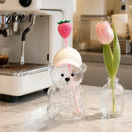 Removable Straw Heads Cute Bear Glass Cup with & Lid, 500/591ml Plastic/Glass Water Bottle for Cold/Hot Drinks, Pattern Coffee Mug Adults, Home Office