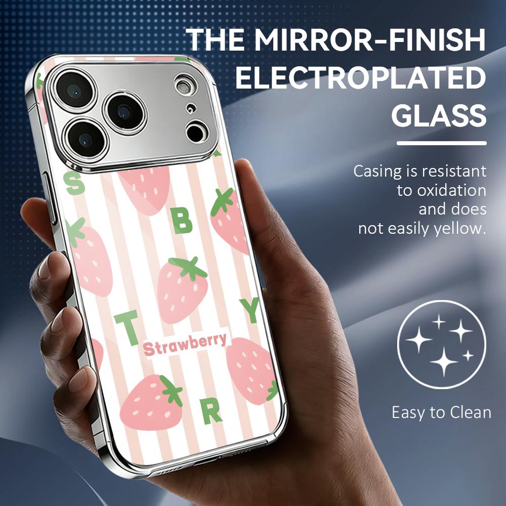 Ins Fruit Fashion Phone Case For iPhone 17 16 15 14 13 12 Pro Max Plus Electroplated Metal Shockproof Bumper Case Glass Back