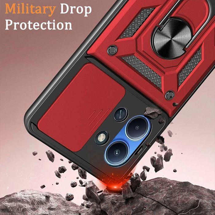 Coque pour Xiaomi Redmi 15C 4G/5G, Protection Résistante avec Anneau et Cache Caméra Coulissant - Rouge