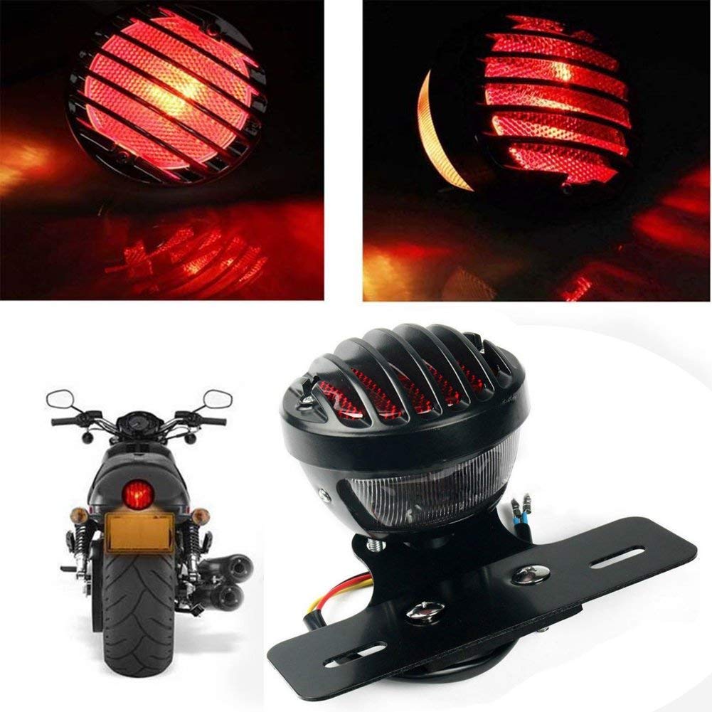 Karun 12V Round Birdcage Tail Lamp with License Plate Holder, Universal Motorcycle Round Shape, Black