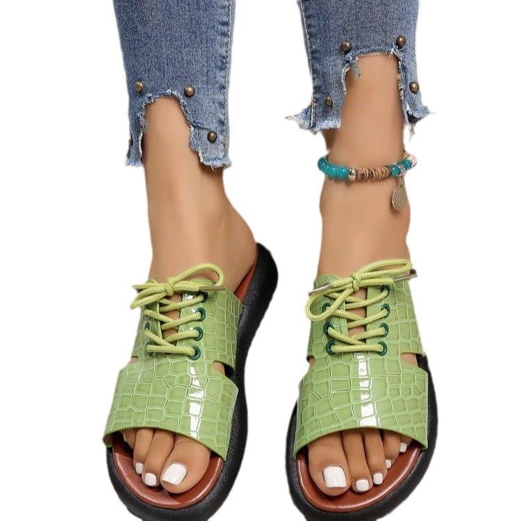 Summer new crocodile pattern retro lace-up sandals women's flat-bottomed fish mouth women's beach sandals