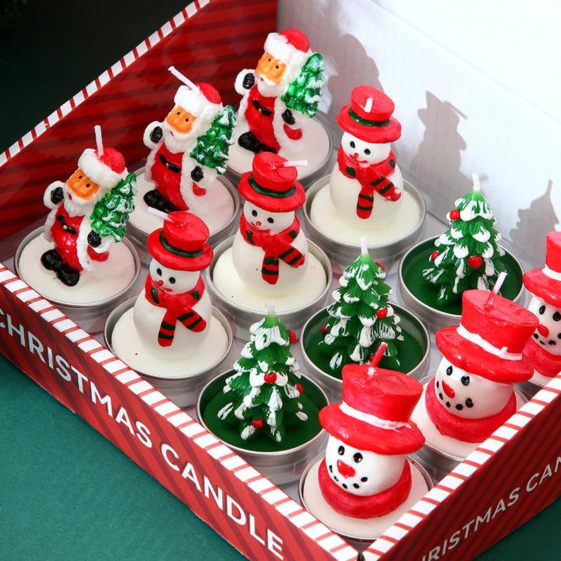 12Pcs Set Christmas Candles, Santa Claus, Tree, Snowman, Carnival, Romantic Ornaments, Candlelight Dinner, Christmas Painted