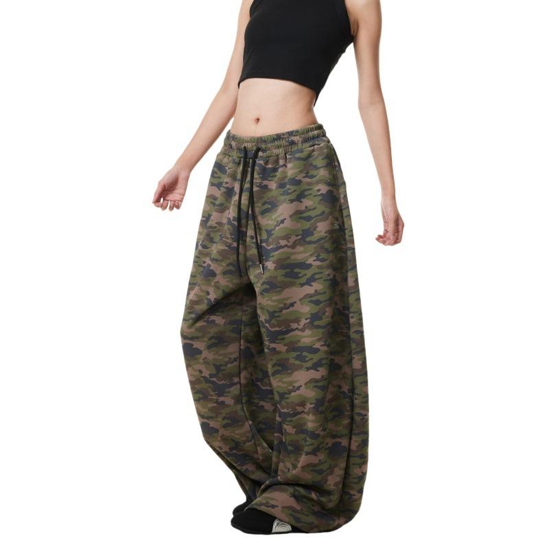 American Retro Trendy Brand Drawstring Camouflage Sweatpants Women's Summer New Casual Straight Loose Wide-leg Trousers