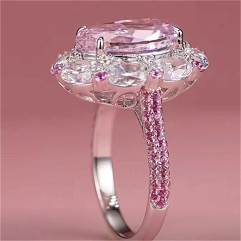 Big Oval Pink Zircon Cute Egg Shape Stone Rings For Women CopperColor Promise Engagement Wedding Bands Bridal Jewelry Girl Gift