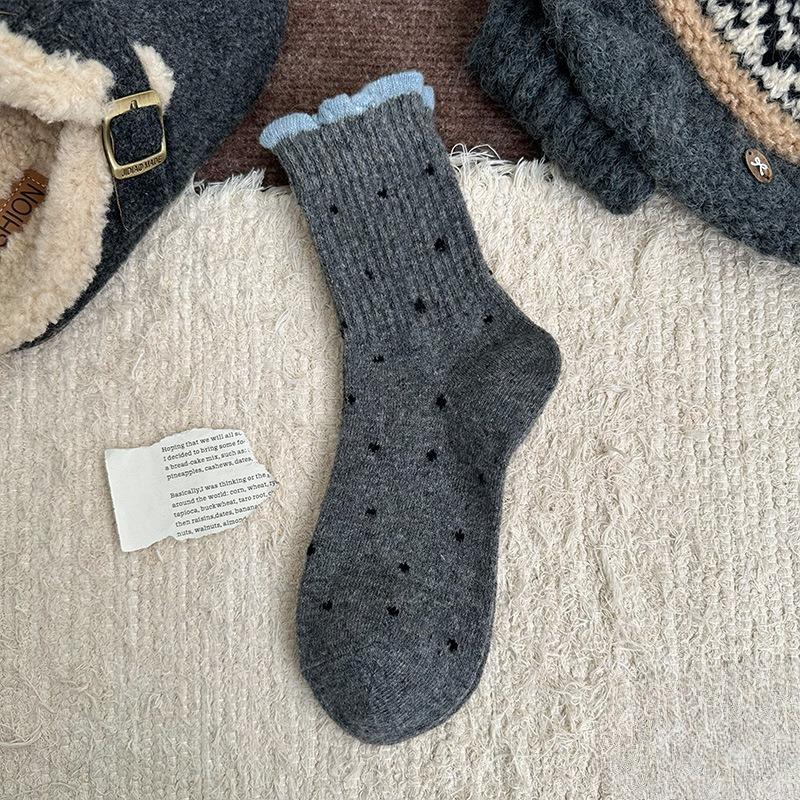 Sock - Winter Polka Dot Soft Lace Versatile Mid-calf Socks with Stretch, Soft Fabric, Comfortable and Warm Wool Socks