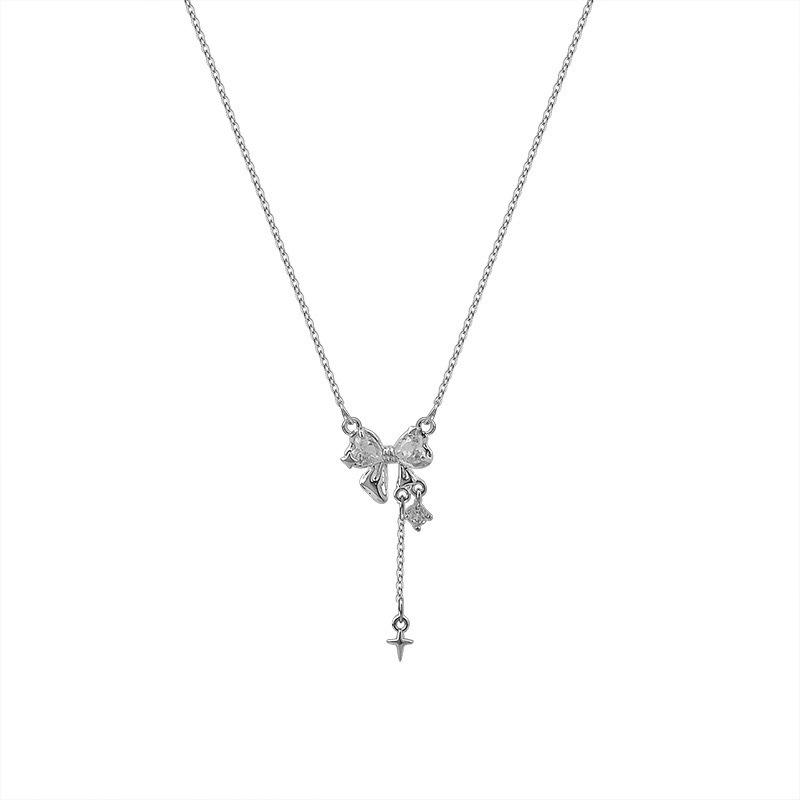 Bow zircon tassel necklace female 925 silver girl heart ins neck chain advanced sense cold wind temperament collarbone chain