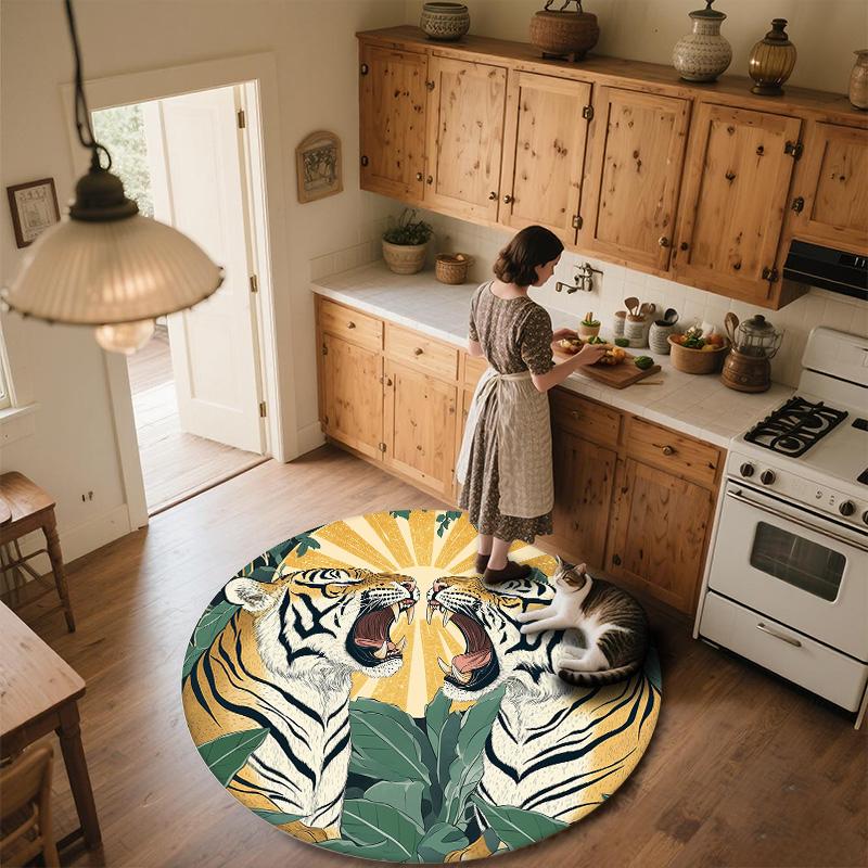 Leaf Tiger,Round Area Rug,Carpet Rug for Living Room Bedroom Sofa Playroom Decor,Non-slip Floor Mat